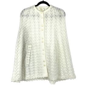 Vintage 70s JC Penney Sweater Cape Poncho Womens One Size White Pointelle Knit